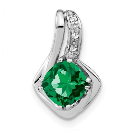 14k White Gold Cushion Lab Created Emerald and Diamond Chain Slide