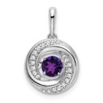 14k White Gold 4.5mm Round Moving Vibrant Amethyst and Diamond Pendant
