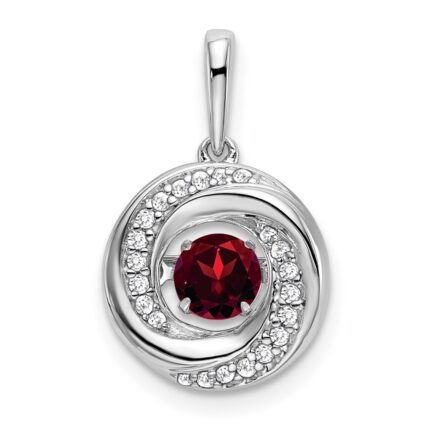 14k White Gold 4.5mm Round Moving Vibrant Garnet and Diamond Pendant