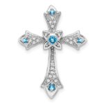 14k White Gold Round Blue Topaz and Diamond Fleur de Lis Cross Chain Slide