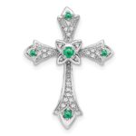 14k White Gold Round Emerald and Diamond Fleur de Lis Cross Chain Slide