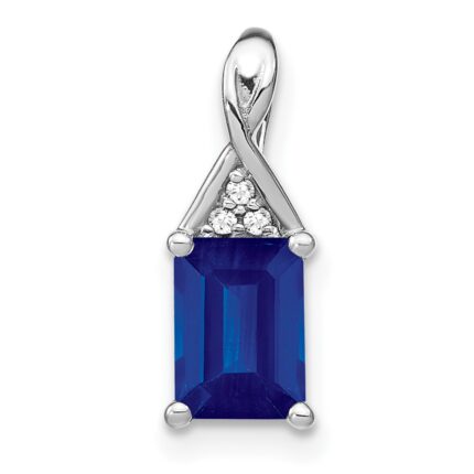 14k White Gold Emerald-shape Sapphire and Diamond Pendant