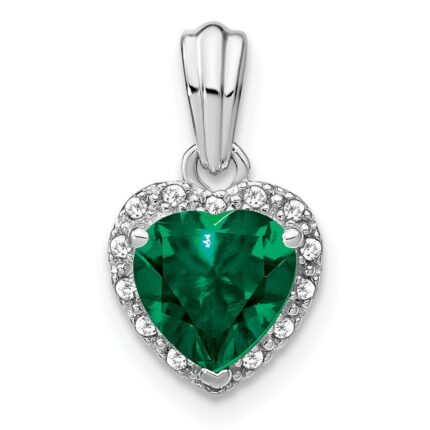 Sterling Silver Rhodium-plated Created Emerald and Diamond Pendant