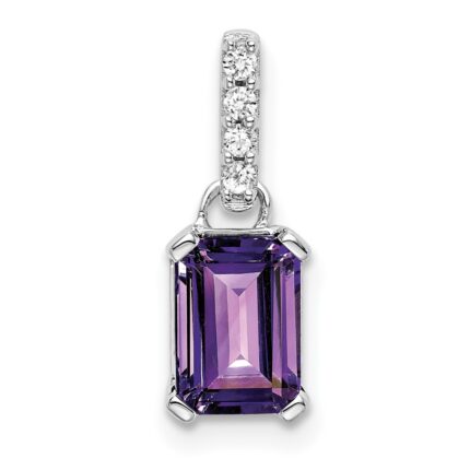 14k White Gold 7x5 Emerald-cut February/Amethyst and Diamond Pendant