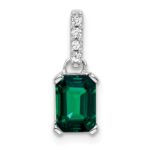 14k White Gold 7x5 Emerald-cut May/Lab Created Emerald and Diamond Pendant