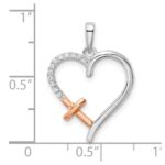 14k Two-tone White and Rose Heart with Cross 1/20 carat Diamond Pendant - Image 2