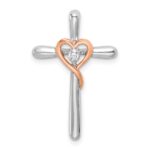 14k Two-tone White and Rose Gold 1/20 carat Cross with Heart Chain Slide
