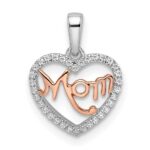 14k Two-tone White and Rose Diamond MOM Script Heart Pendant