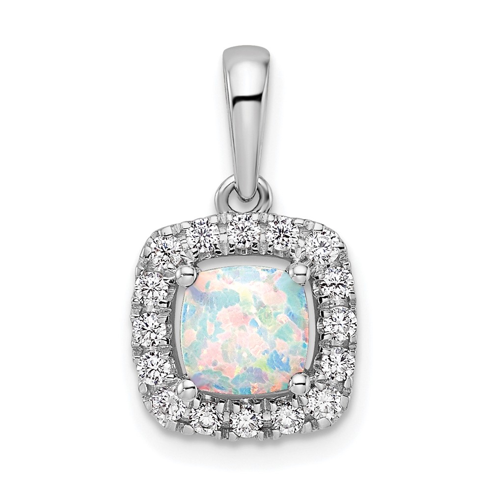 PM9037-COP-028-WAA.jpg 14k White Gold 1/4 carat Lab Grown Diamond VS/SI+ G+ October Birthstone Lab Created Opal Halo Pendant - Image 1