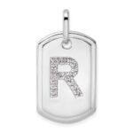 14K White Gold  Diamond Initial R Dog Tag Charm