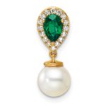 14K 6-7mm Round White Freshwater Cultured Pearl/Pear Emerald/Diamond Teardrop Chain Slide