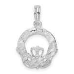 De-Ani Sterling Silver Rhodium-Plated Polished and Textured Claddagh Circle Pendant - Image 4
