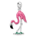 De-Ani Sterling Silver Rhodium-Plated Polished 3D Pink Flamingo Pendant - Image 5