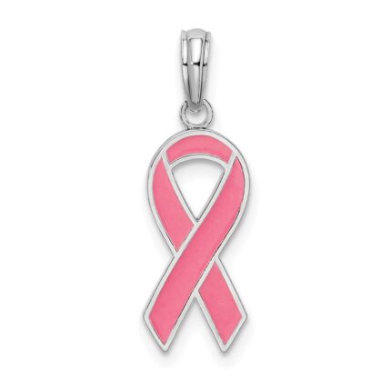 De-Ani Sterling Silver Rhodium-Plated Polished Enameled Pink Ribbon Pendant