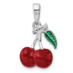 De-Ani Sterling Silver Rhodium-Plated Polished 3D Enameled Cherries Pendant - Image 4