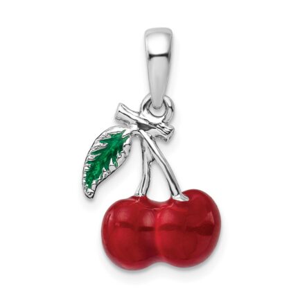 De-Ani Sterling Silver Rhodium-Plated Polished 3D Enameled Cherries Pendant