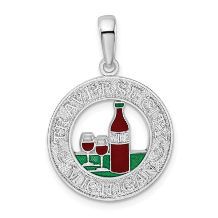 De-Ani Sterling Silver Rhodium-Plated Enameled Traverse City Michigan with Wine Pendant