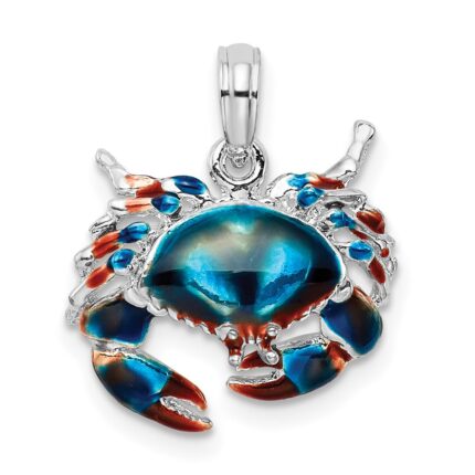 De-Ani Sterling Silver Rhodium-Plated Polished Enameled Blue Stone Crab Pendant