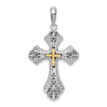 De-Ani Sterling Silver Rhodium-Plated Filigree Budded Cross with 14k Accent Pendant
