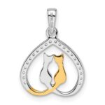 Sterling Silver RH-plated & Gold-plated CZ Heart w/Two Cats Pendant - Image 4