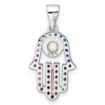 Sterling Silver Rhodium-plated Multicolor CZ & Synthetic Opal Hamsa Pendant - Image 4