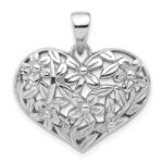Sterling Silver Rhodium-Plated Polished Flower Heart Pendant