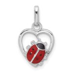 Sterling Silver Rhodium-plated Enameled Ladybug in Heart Pendant