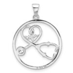 Sterling Silver Rhod-plated with CZ Stethoscope and Heartbeat Pendant - Image 3