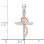 Sterling Silver Rose-tone Polished CZ Heart Cross Pendant - Image 4