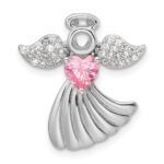 SS Rhodium-plated Pink and Clear CZ Angel Chain Slide Pendant