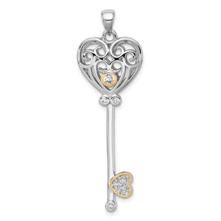 Sterling Silver Rhodium-plated with 14k Accent Polished CZ Filigree Heart Key Pendant