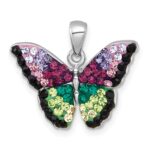 Sterling Silver Rhodium-plated Polished Purple/Green/Black Crystal Butterfly Pendant