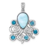 Sterling Silver Rhodium-plated Polished Larimar, White and Blue Topaz Octopus Pendant