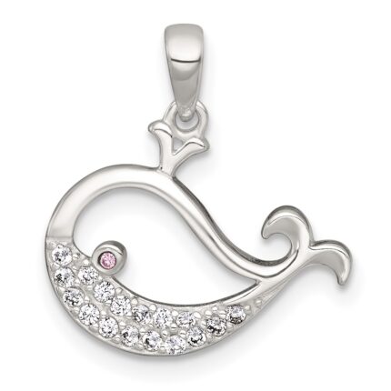 Sterling Silver Polished Pink and White CZ Cut-out Whale Pendant