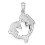 Sterling Silver Rhodium-plated Polished Blue and Black Crystal Dolphins Heart Shape Pendant - Image 3