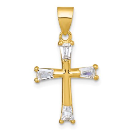 Sterling Silver Gold-tone Polished Tapered Baguette CZ Cross Pendant