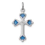 Sterling Silver Platinum-plated Blue Enameled Budded Cross Charm