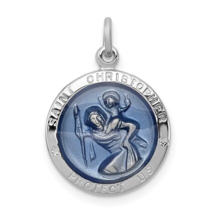 Sterling Silver Platinum-plated Blue Epoxy St. Christopher Medal