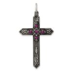 Sterling Silver Antiqued February Glass Birthstone Cross Pendant