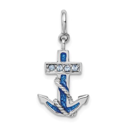 Sterling Silver Rhodium-plated Preciosa Crystals and Blue Enamel Anchor Charm