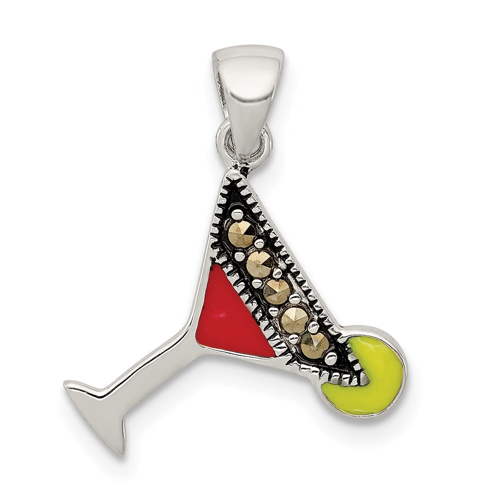 QC6163.jpg Sterling Silver Rhodium-plated and Hematite-plated Marcasite Red and Green Enameled Martini Pendant - Image 1