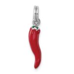 Sterling Silver Rhodium Plated Red Enamel with Green Enamel Accent Pepper Charm