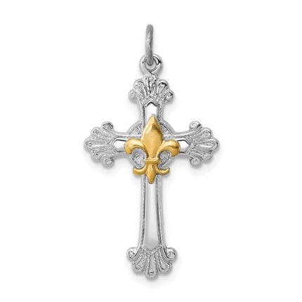 Sterling Silver Platinum-plated & Gold-plated Cross & Fleur de lis Pendant