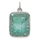 Sterling Silver Teal Enamel Square St. Christopher Medal Pendant
