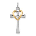 Sterling Silver Platinum-plated & Gold-tone Polished Cross w/Heart Pendant