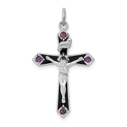 Sterling Silver Platinum-plated Black Epxy Purple CZ INRI Cross Pendant
