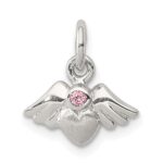 Sterling Silver Rhod-pltd Polished/Satin Heart w/Wings Pink CZ Pendant