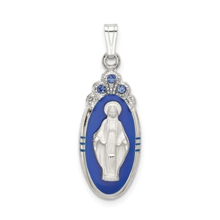 Sterling Silver Satin & D/C Epoxy & Crystal Miraculous Medal Pendant