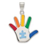 Sterling Silver Rhod-plate Enamel Autism w/Puzzle Piece Handprint Pendant