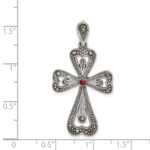 Sterling Silver Antiqued Marcasite and Garnet Cross Pendant - Image 4